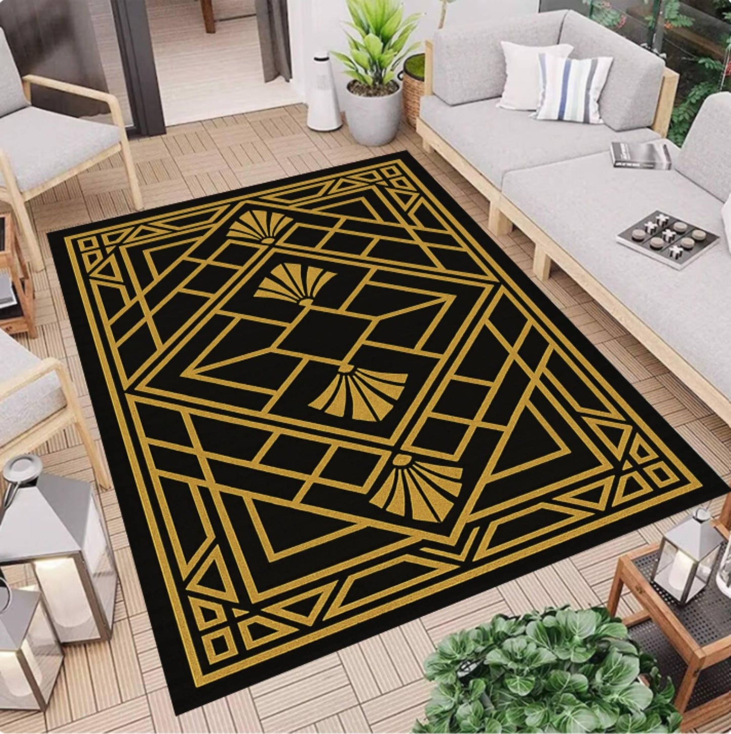 Art Deco Black & Gold Geometric Rug - Modern Glam Living Room Rug