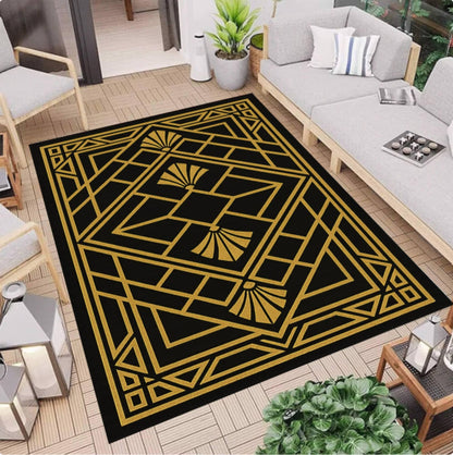 Art Deco Black & Gold Geometric Rug - Modern Glam Living Room Rug