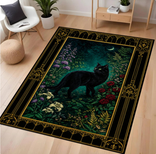 A rectangular area rug with a black cat walking through a floral garden under a crescent moon, styled in a modern living room setting on light wood floors.
