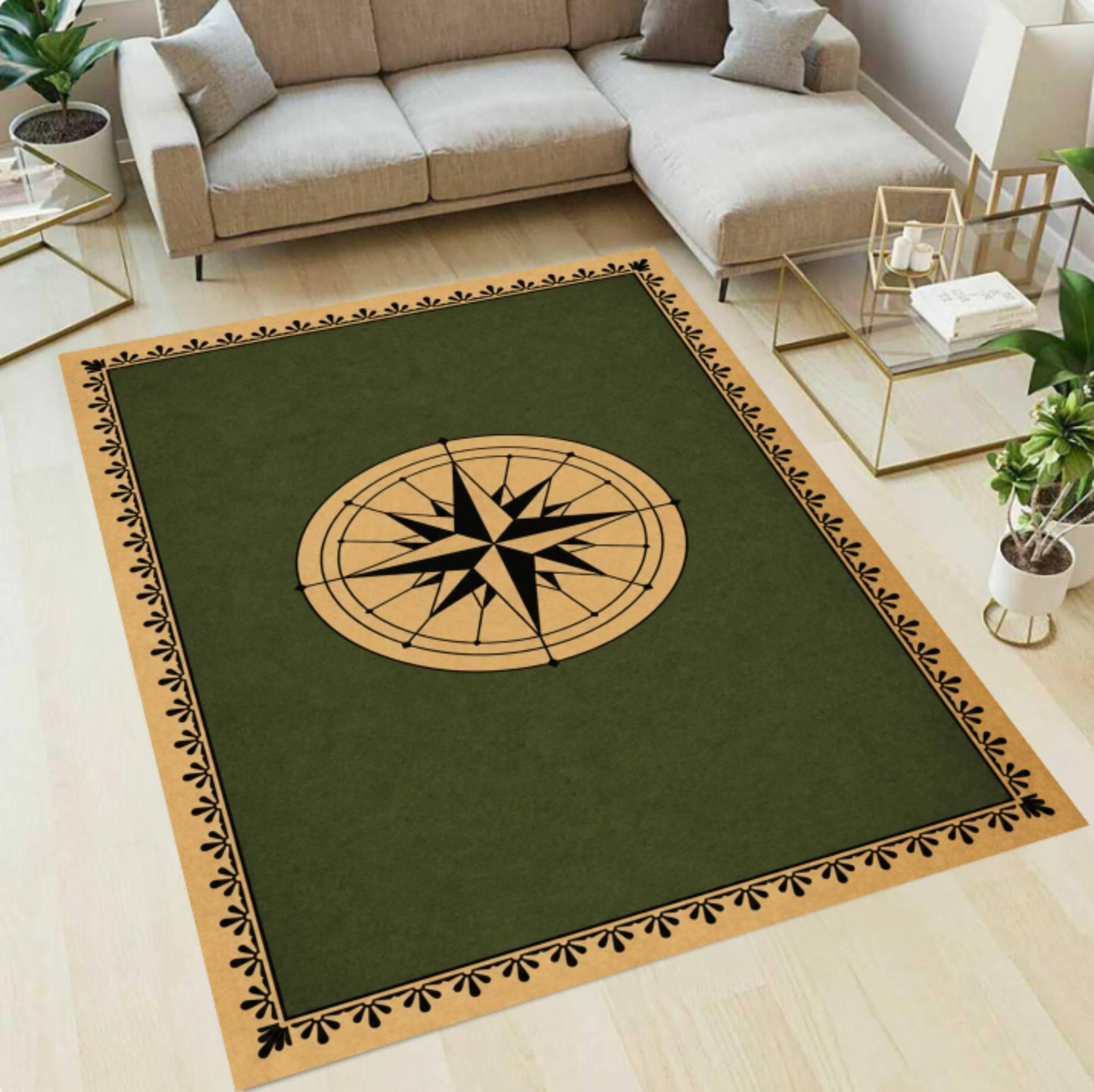 Minimalist Nautical Compass Rug - Washable Non-Slip Living Room Area Rug