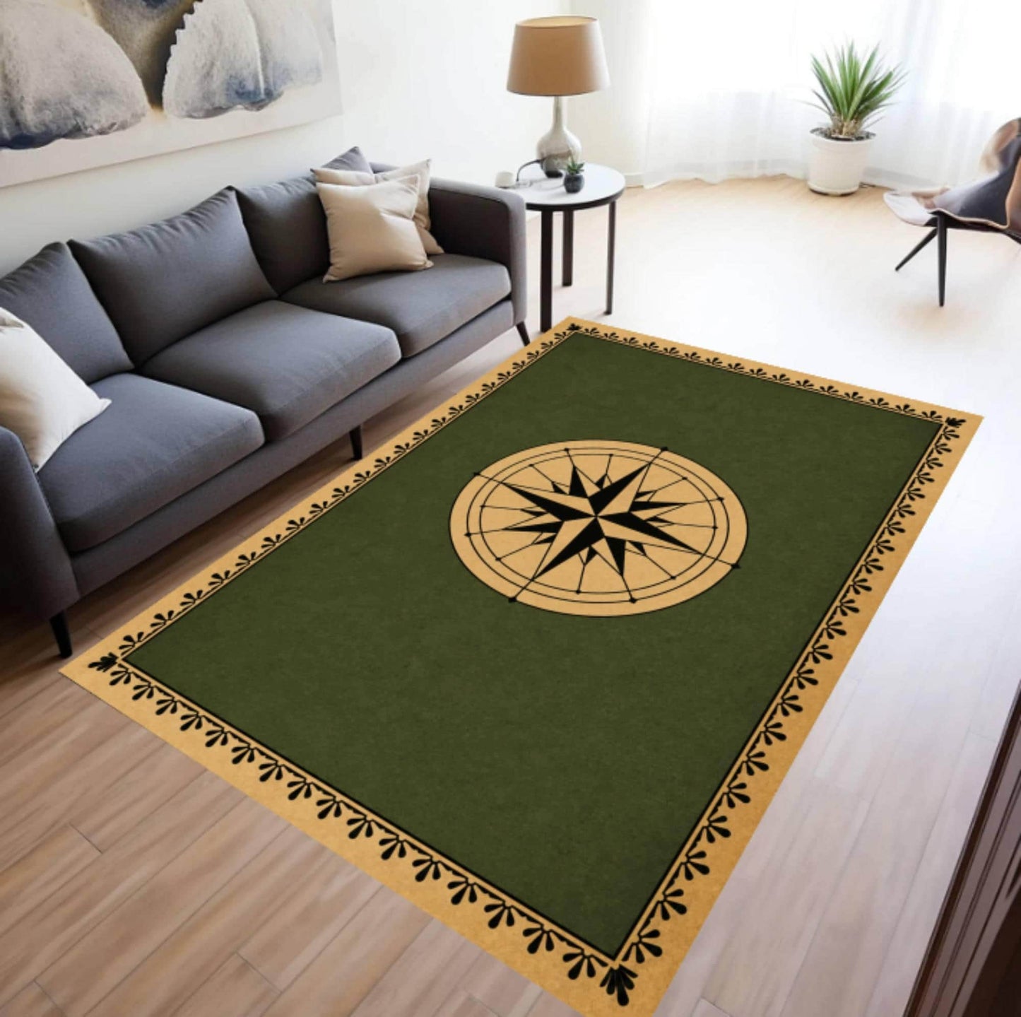 Minimalist Nautical Compass Rug - Washable Non-Slip Living Room Area Rug