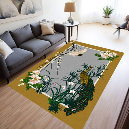 Vintage Peacock Chinoiserie Floral Rug - Japanese Oriental