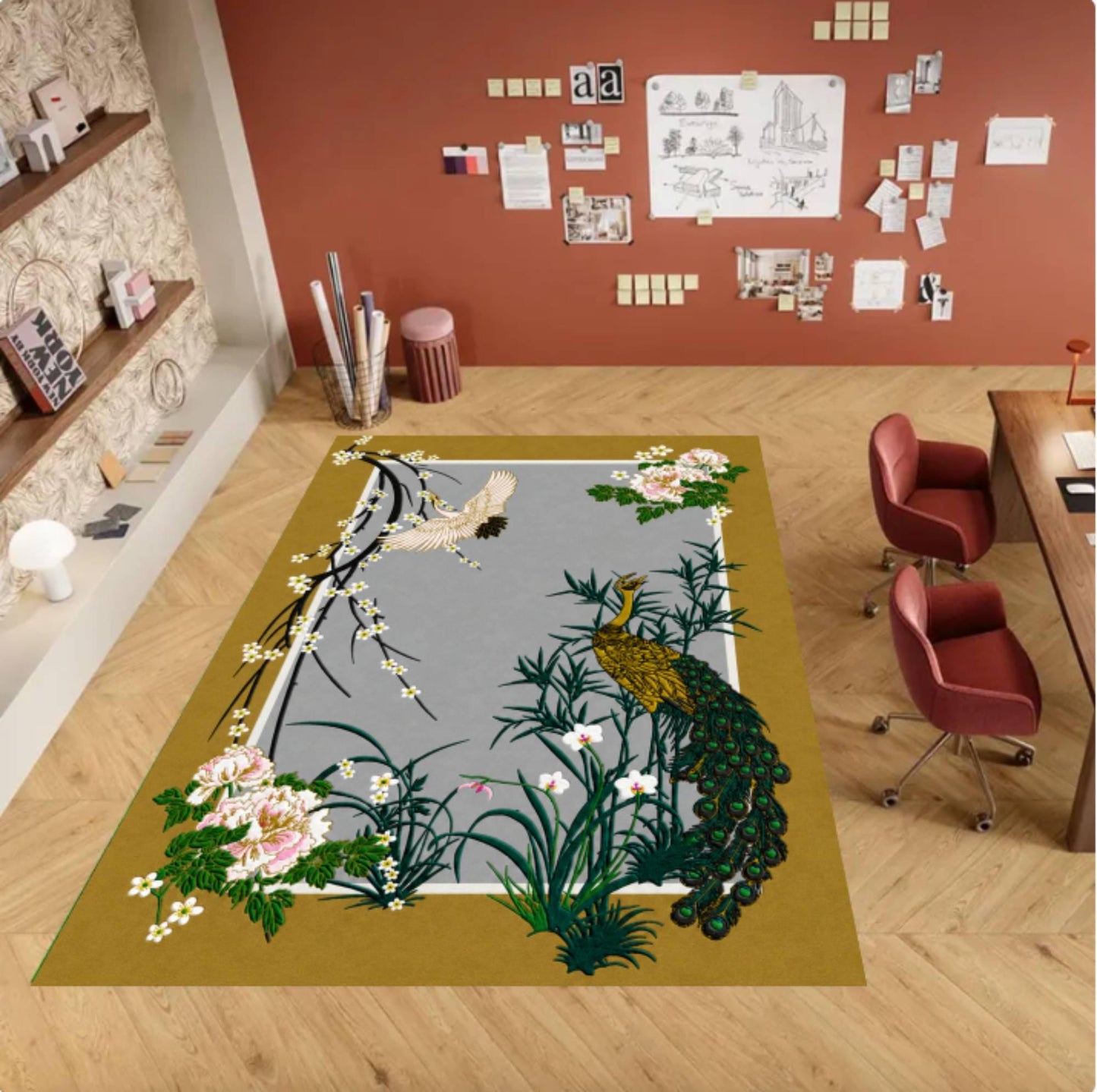 Vintage Peacock Chinoiserie Floral Rug - Japanese Oriental