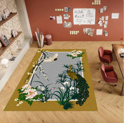 Vintage Peacock Chinoiserie Floral Rug - Japanese Oriental