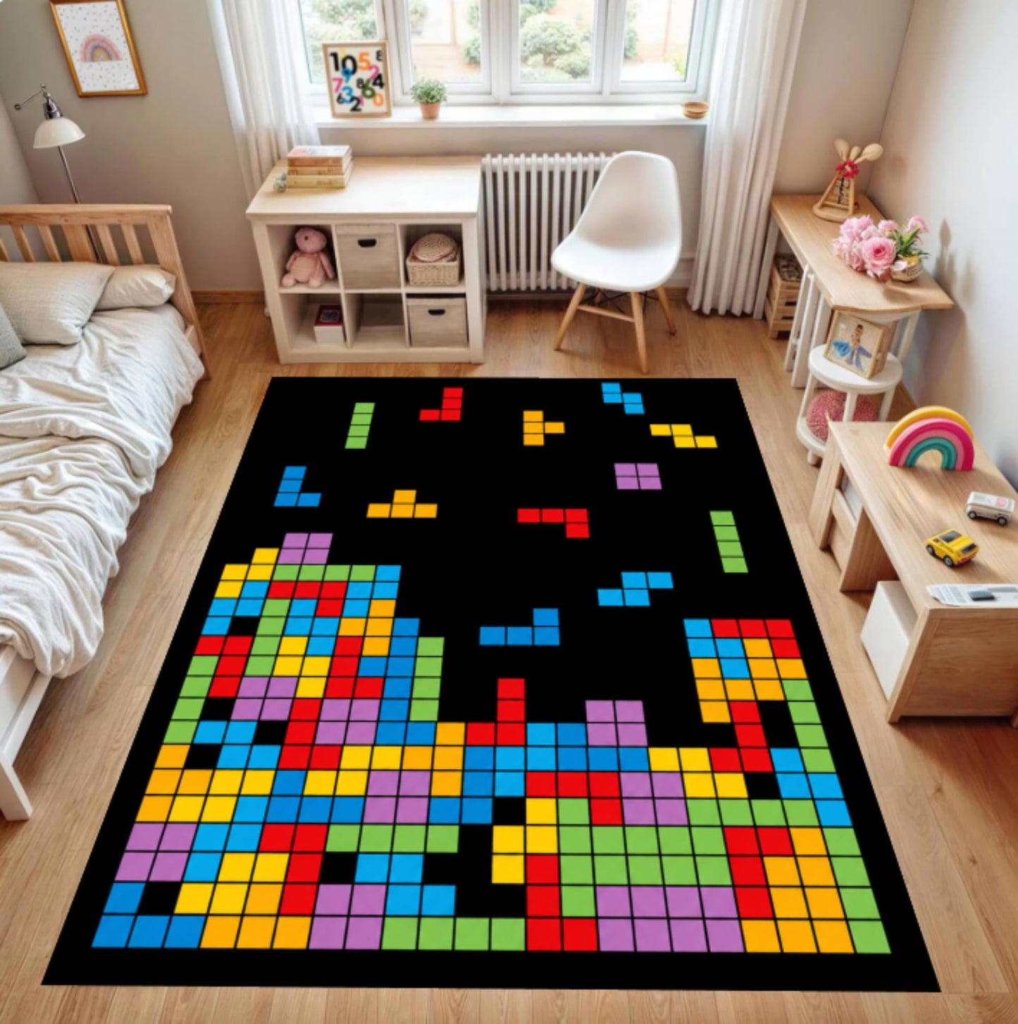 Retro Block Puzzle Arcade Gaming Rug - Colorful Pixel Art Washable