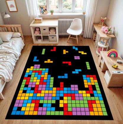 Retro Block Puzzle Arcade Gaming Rug - Colorful Pixel Art Washable