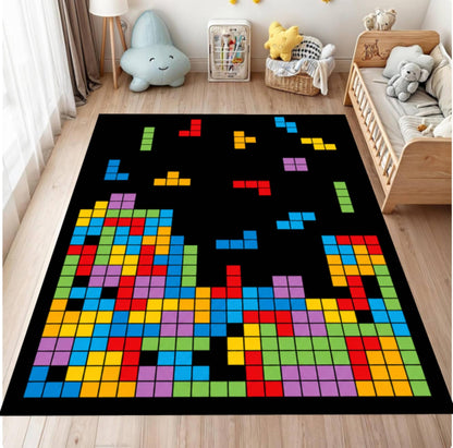 Retro Block Puzzle Arcade Gaming Rug - Colorful Pixel Art Washable
