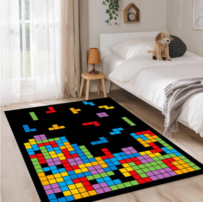 Retro Block Puzzle Arcade Gaming Rug - Colorful Pixel Art Washable