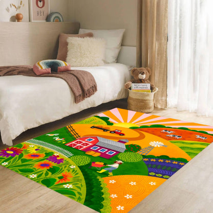 Colorful Kids Farm Rug - Washable Non-Slip Playroom Rug