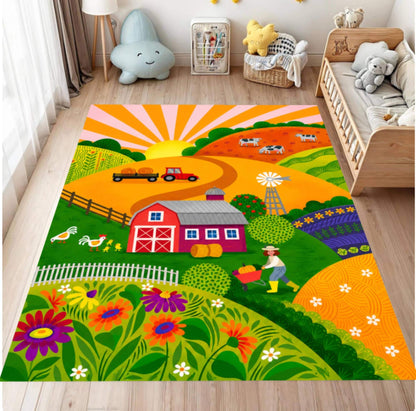 Colorful Kids Farm Rug - Washable Non-Slip Playroom Rug