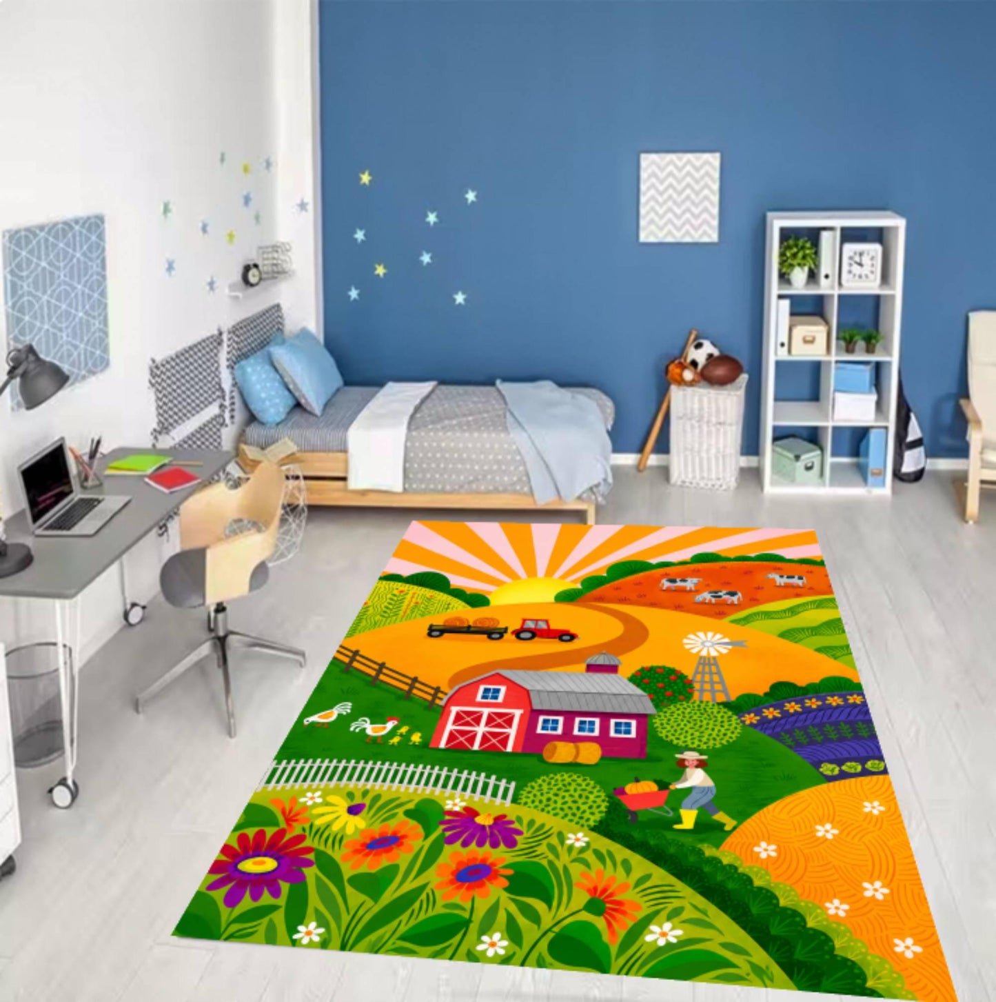 Colorful Kids Farm Rug - Washable Non-Slip Playroom Rug
