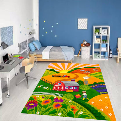 Colorful Kids Farm Rug - Washable Non-Slip Playroom Rug