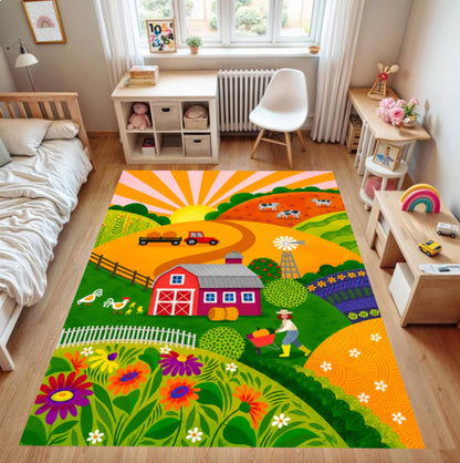 Colorful Kids Farm Rug - Washable Non-Slip Playroom Rug