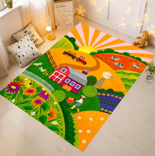 Colorful Kids Farm Rug - Washable Non-Slip Playroom Rug