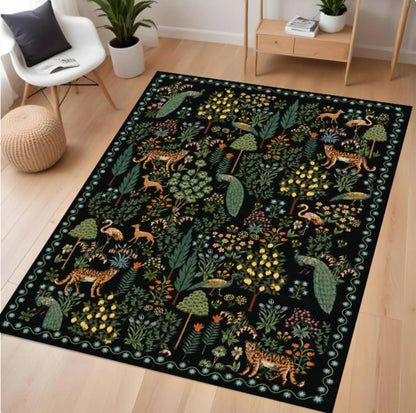 A rectangular area rug with a detailed jungle and animal pattern, displayed on a light wood floor in a modern living room setting.