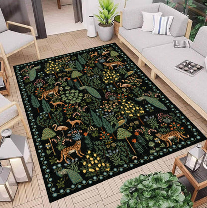 Washable Maximalist Botanical Jungle Animal Rug with Leopard Pattern