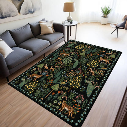 Washable Maximalist Botanical Jungle Animal Rug with Leopard Pattern