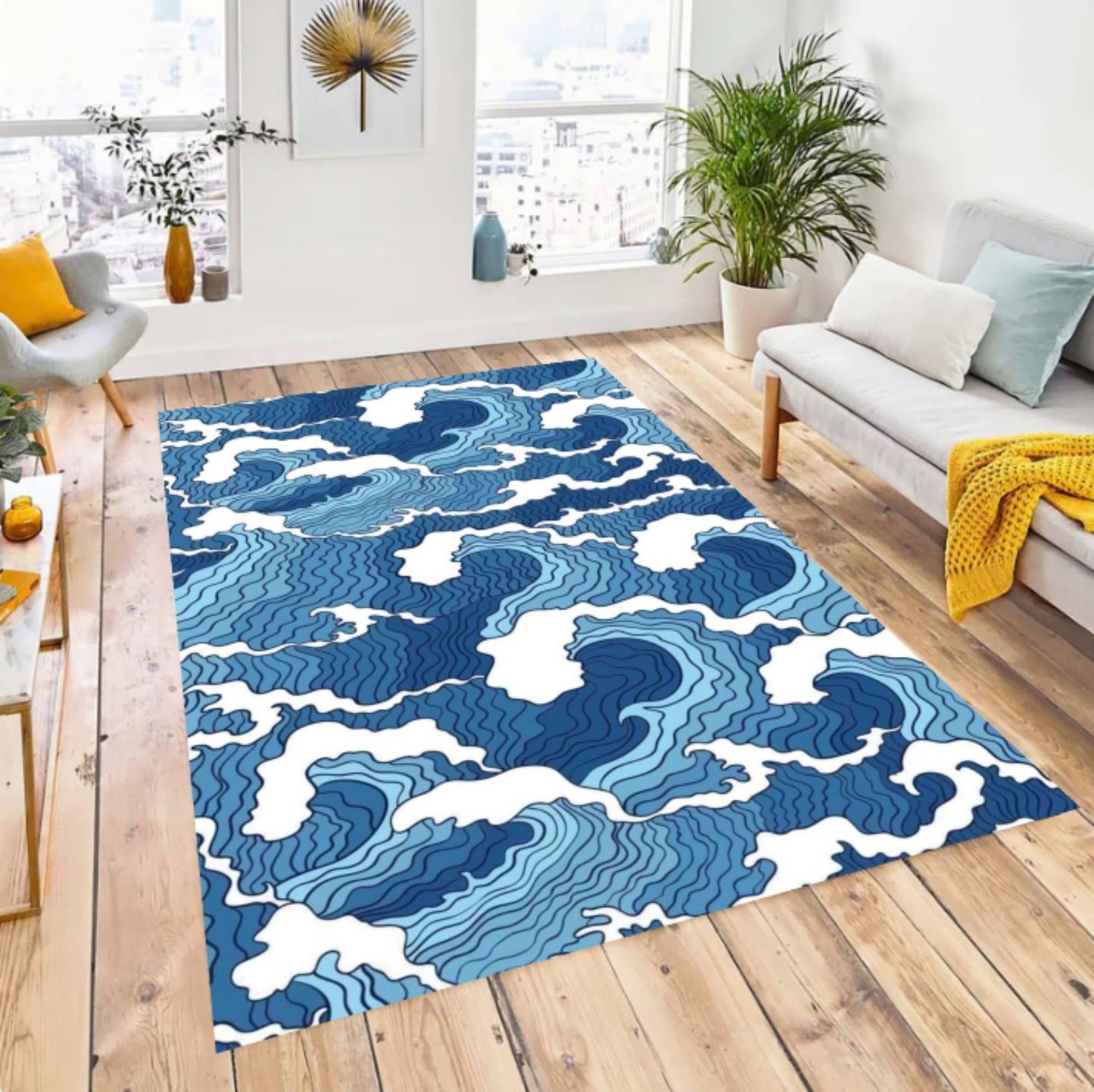 Japanese Ocean Wave Coastal in Deep Blue Area Rug