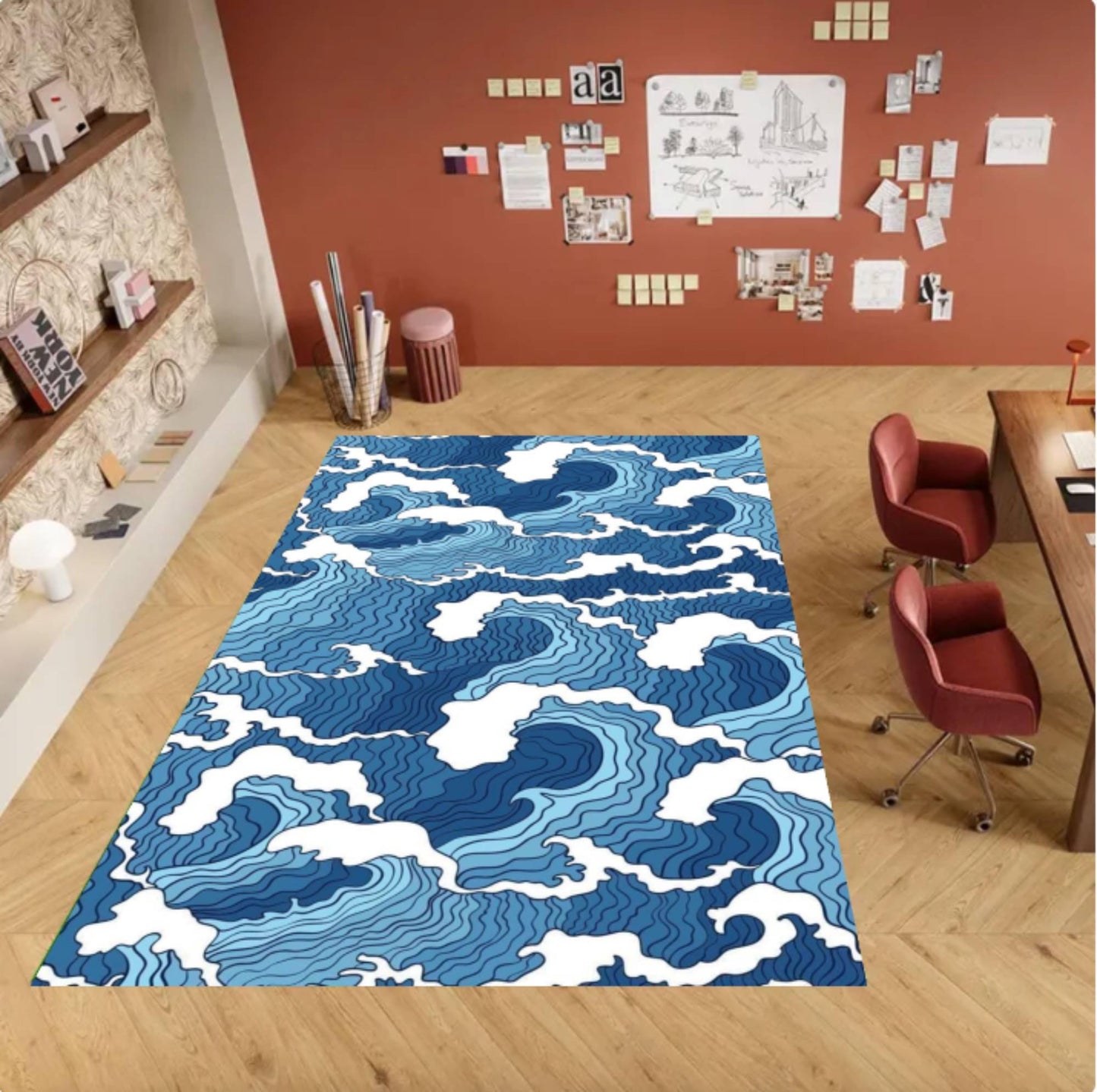 Japanese Ocean Wave Coastal in Deep Blue Area Rug
