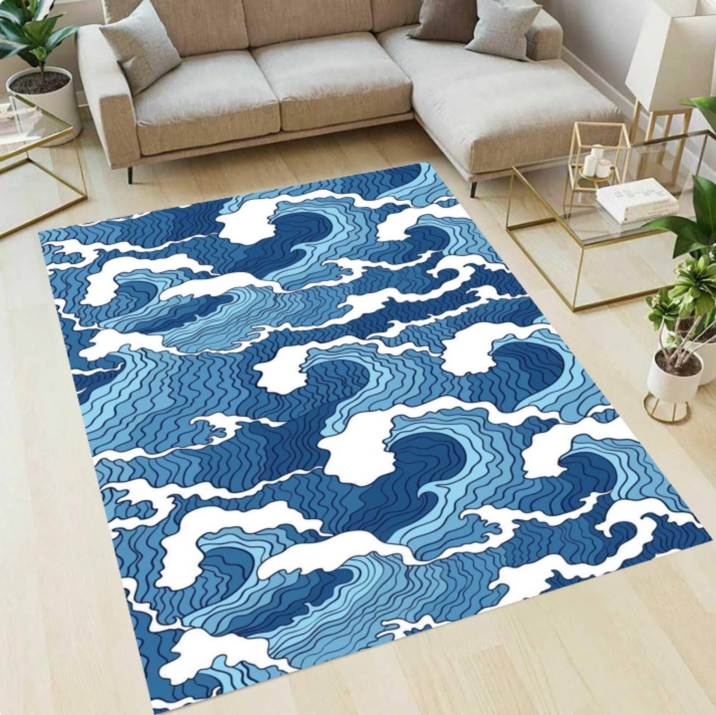 Japanese Ocean Wave Coastal in Deep Blue Area Rug
