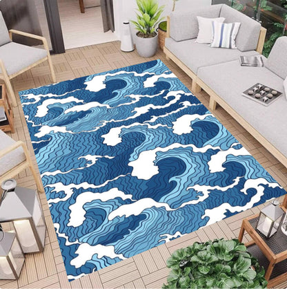 Japanese Ocean Wave Coastal in Deep Blue Area Rug