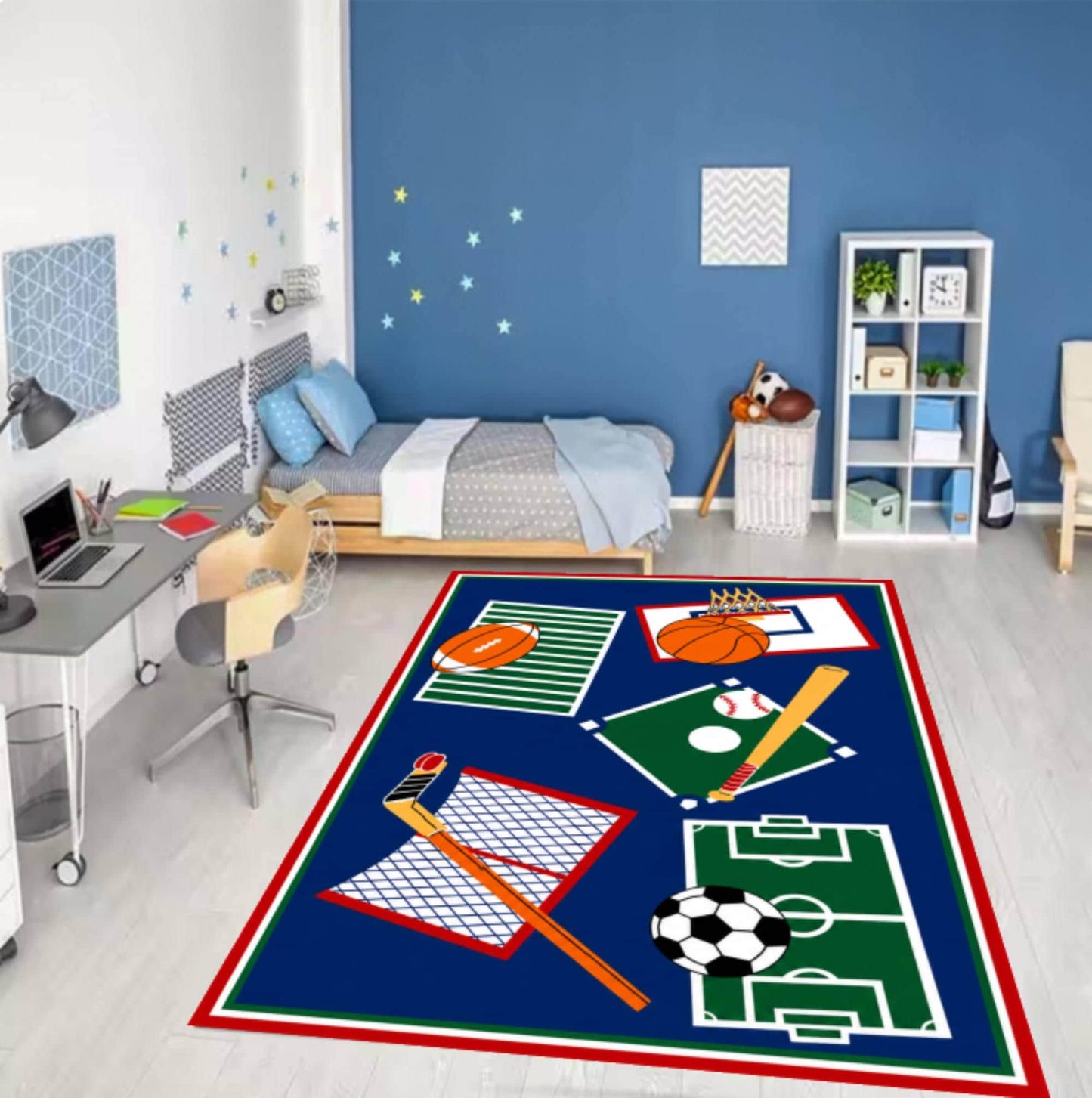 Kids Soccer Sports Area Rug – Washable Non-Slip Playroom & Boys Bedroom Carpet
