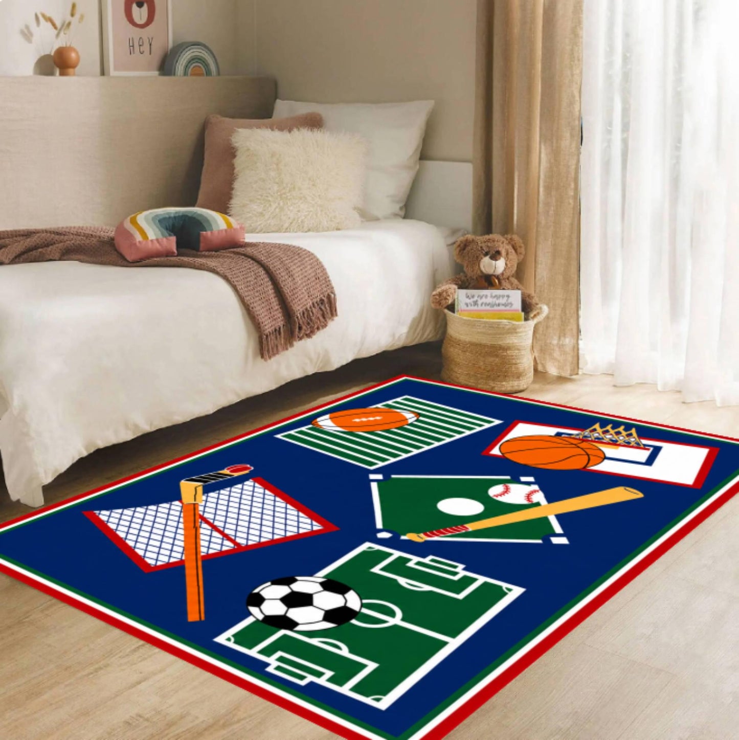 Kids Soccer Sports Area Rug – Washable Non-Slip Playroom & Boys Bedroom Carpet