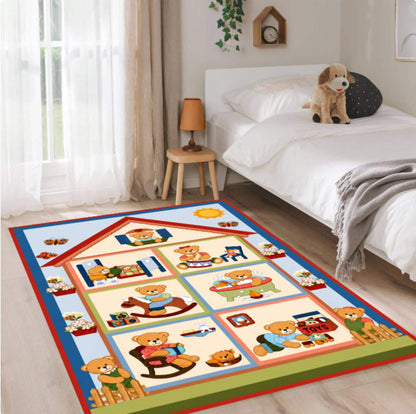 Cute Teddy Bear House Nursery Rug Washable