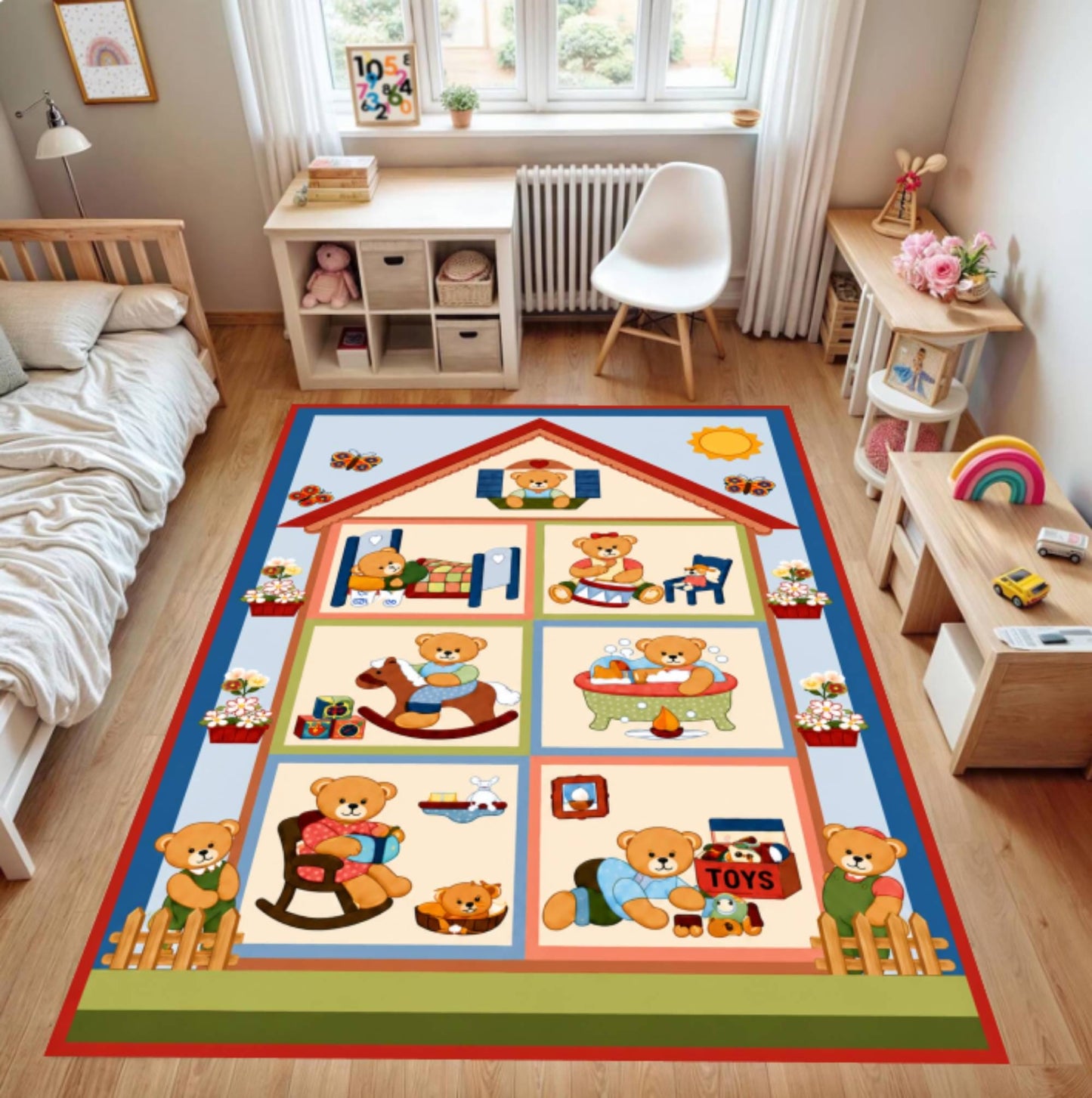 Cute Teddy Bear House Nursery Rug Washable