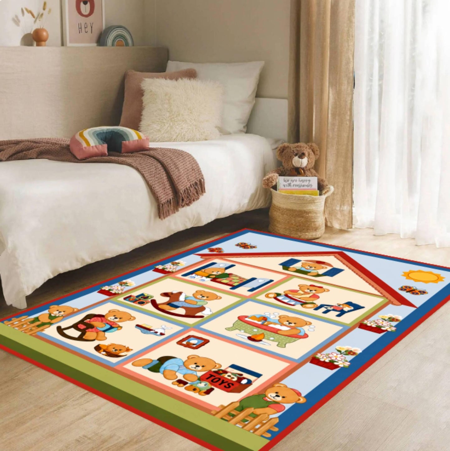 Cute Teddy Bear House Nursery Rug Washable
