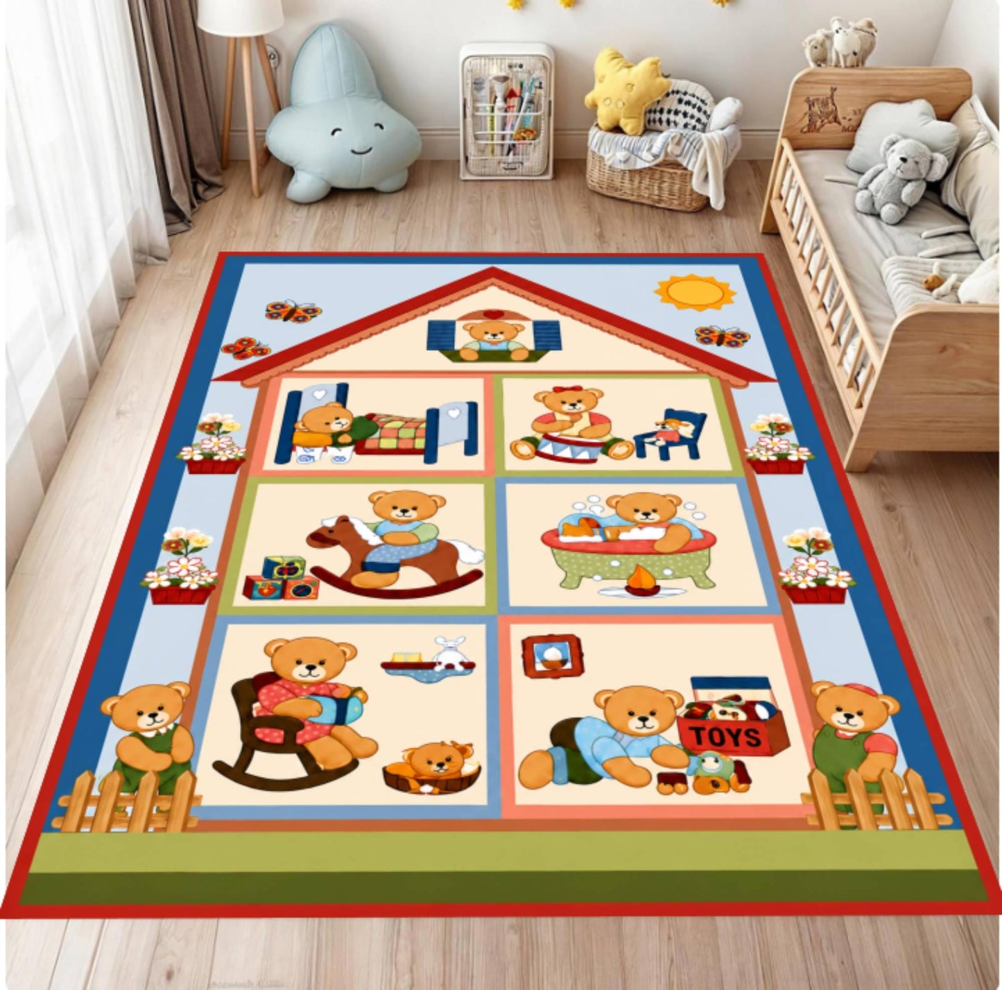 Cute Teddy Bear House Nursery Rug Washable