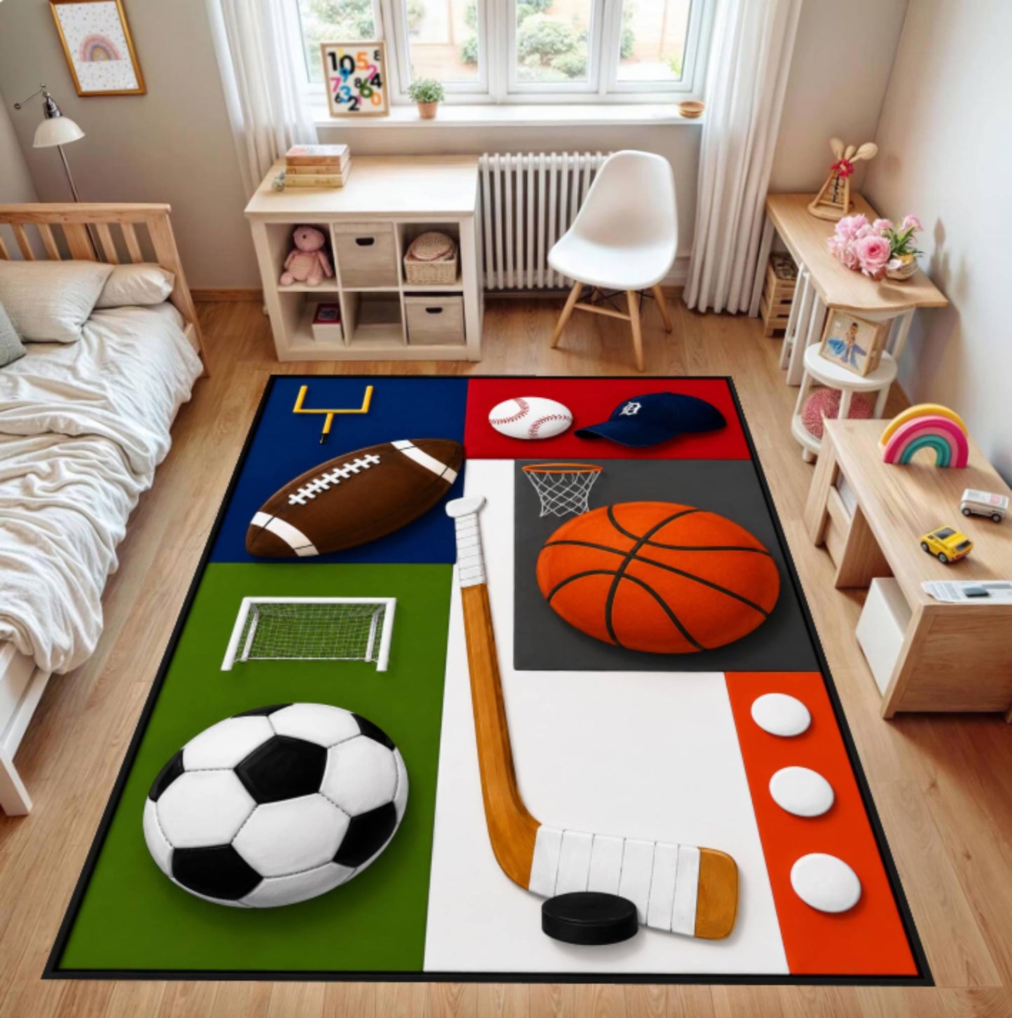 Multi-Sport Kids Rug – Soccer, Basketball & Sports Bedroom Decor