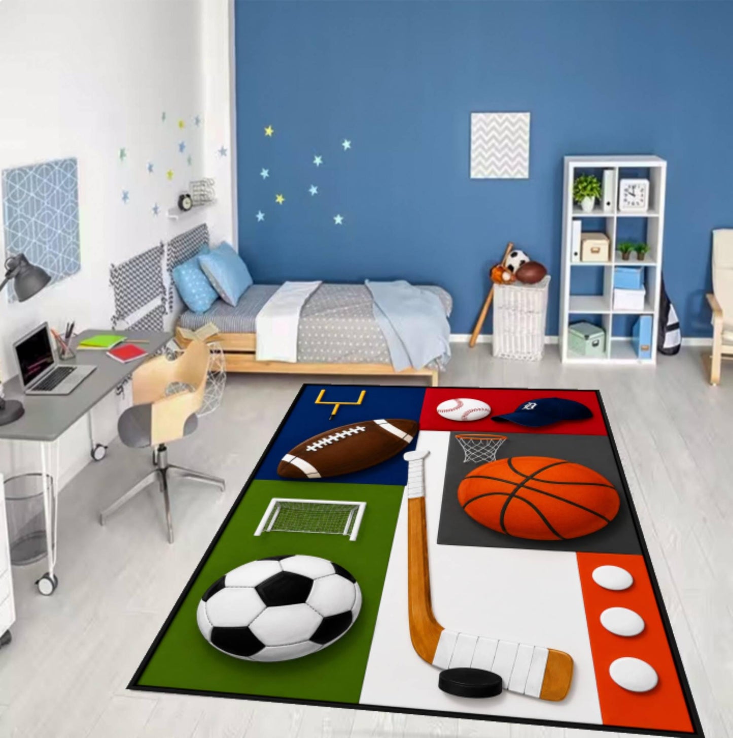 Multi-Sport Kids Rug – Soccer, Basketball & Sports Bedroom Decor