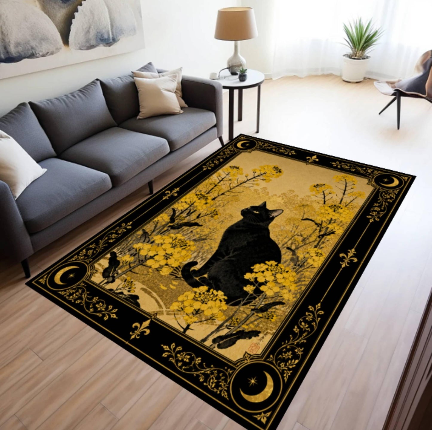 Black Cat Halloween Rug - Gothic Witchy Floral Dark Academia Cottagecore Rug