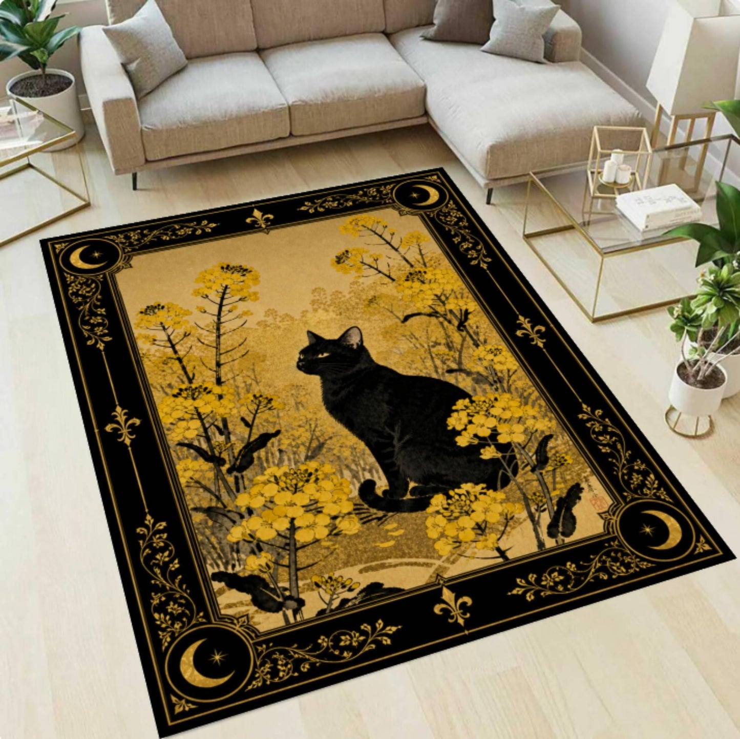 Black Cat Halloween Rug - Gothic Witchy Floral Dark Academia Cottagecore Rug