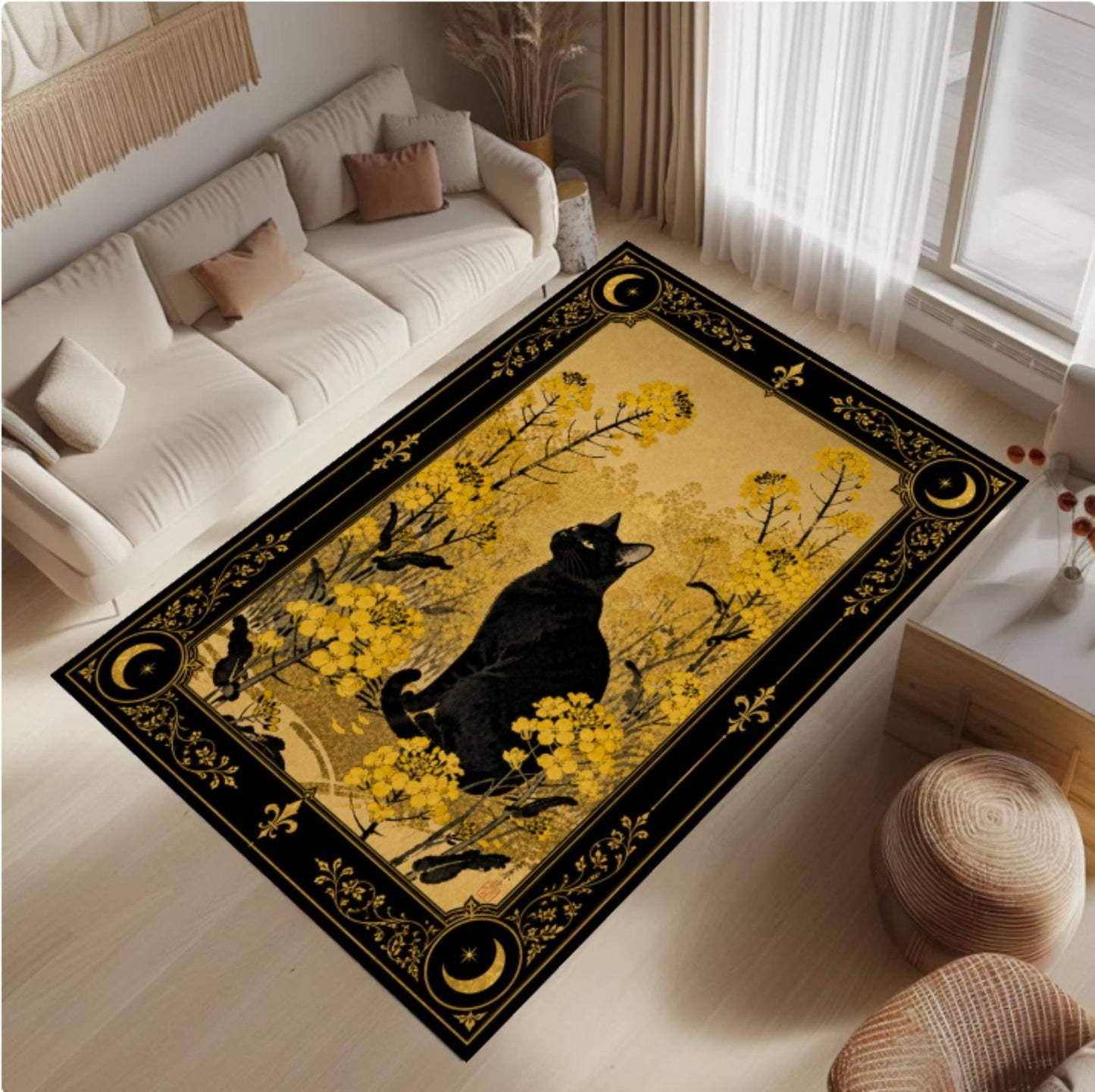 Black Cat Halloween Rug - Gothic Witchy Floral Dark Academia Cottagecore Rug