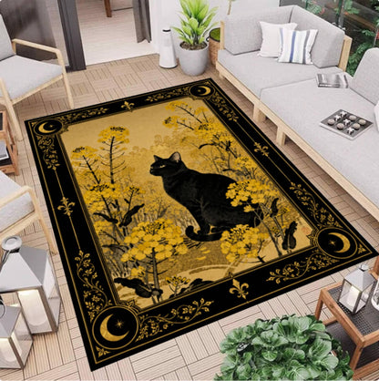 Black Cat Halloween Rug - Gothic Witchy Floral Dark Academia Cottagecore Rug