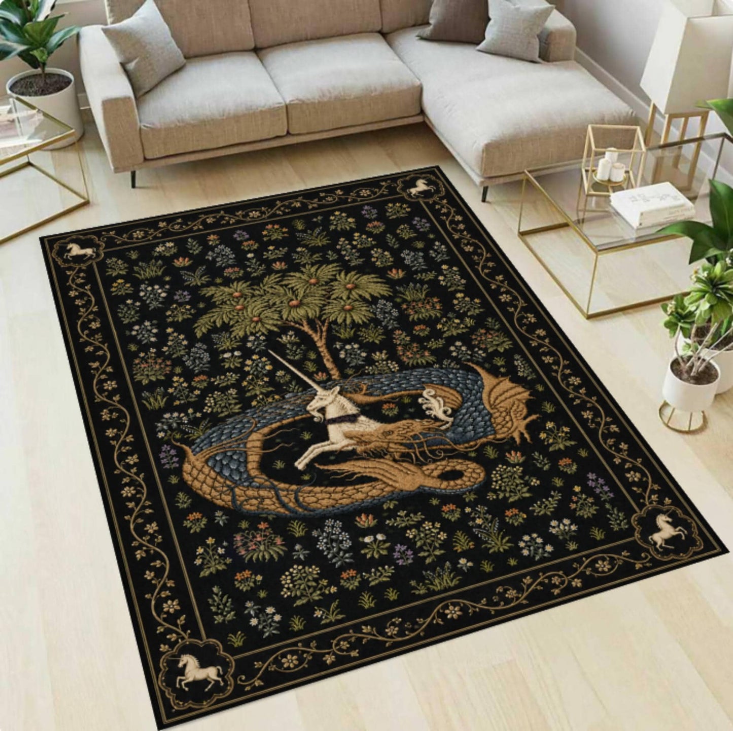 Gothic Dragon & Unicorn Area Rug – Medieval Tapestry Style Washable Non-Slip