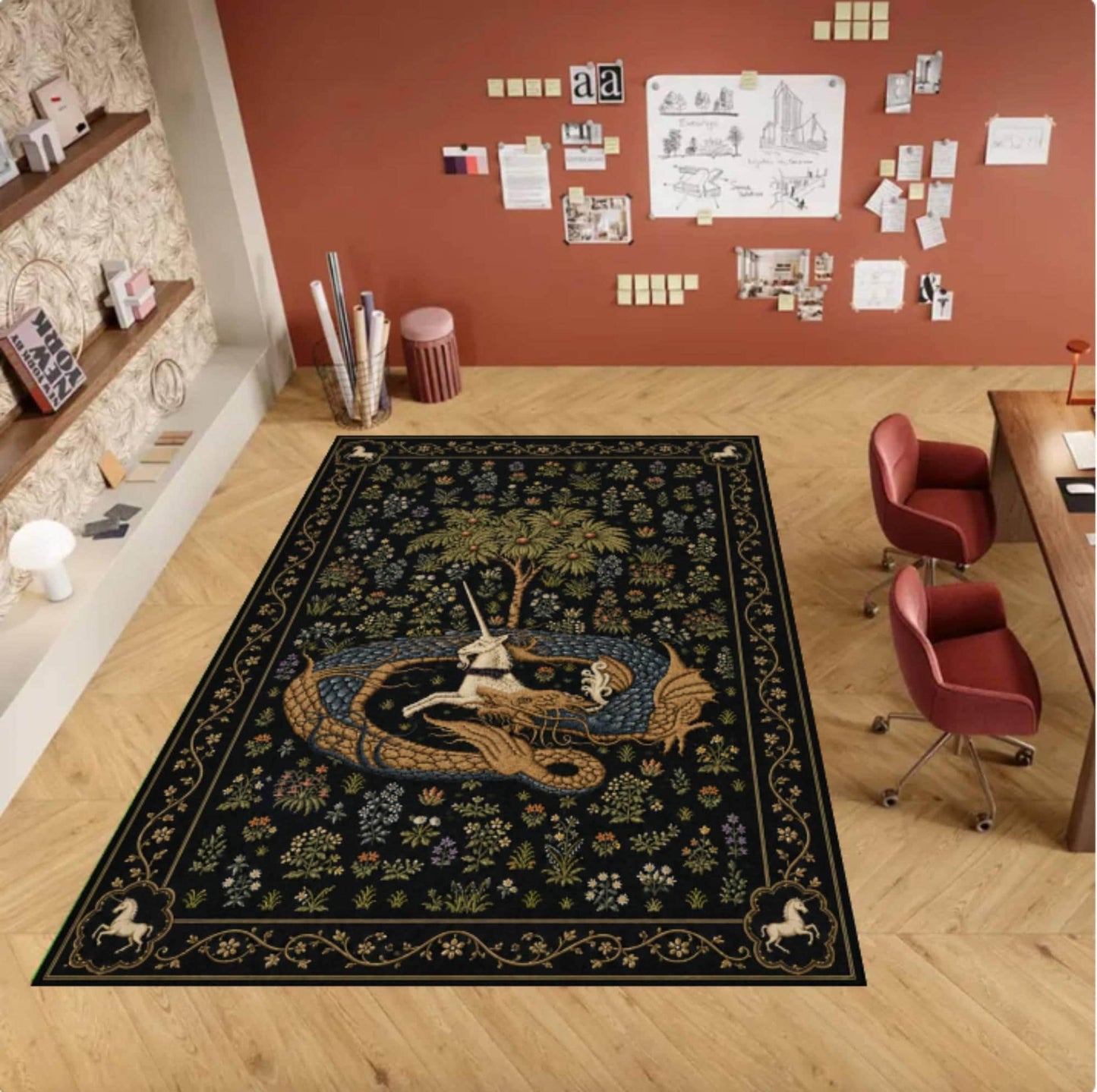 Gothic Dragon & Unicorn Area Rug – Medieval Tapestry Style Washable Non-Slip