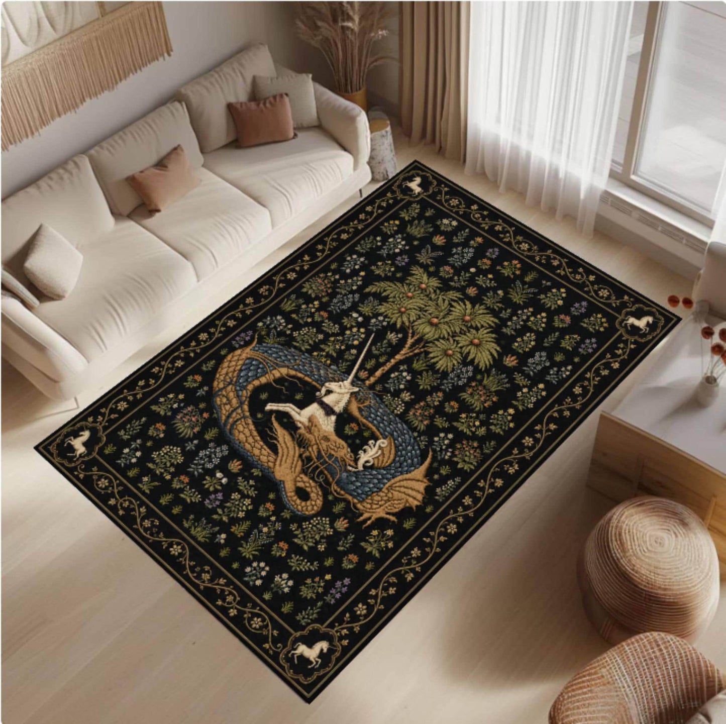 Gothic Dragon & Unicorn Area Rug – Medieval Tapestry Style Washable Non-Slip