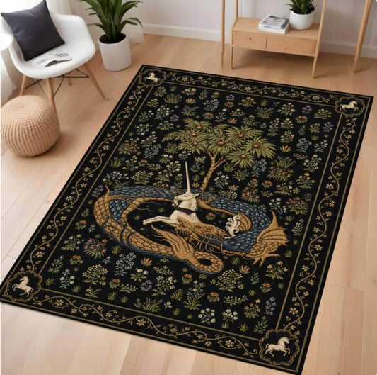 Gothic Dragon & Unicorn Area Rug – Medieval Tapestry Style Washable Non-Slip