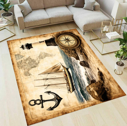Vintage Nautical Lighthouse Rug - Washable Non-Slip Beach House Ocean Theme Rug