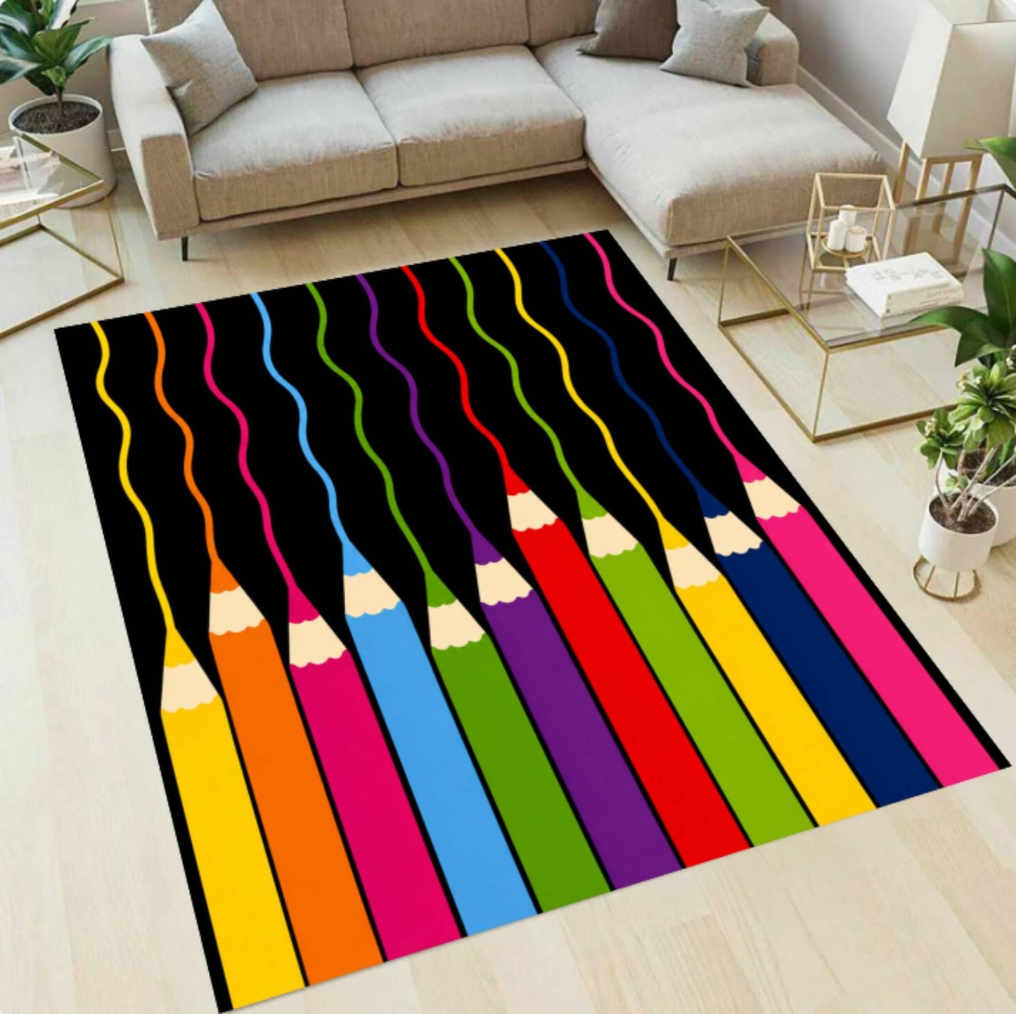 A rectangular area rug with a colorful pencil design is shown on a light wood floor in a modern living room setting with a beige sectional sofa and glass tables.