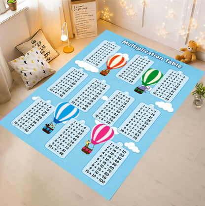 A children's multiplication table mat laid out on a light wood floor in a styled room. The mat is light blue with printed multiplication grids for numbers 1 through 10, decorated with colorful hot air balloons and white clouds.