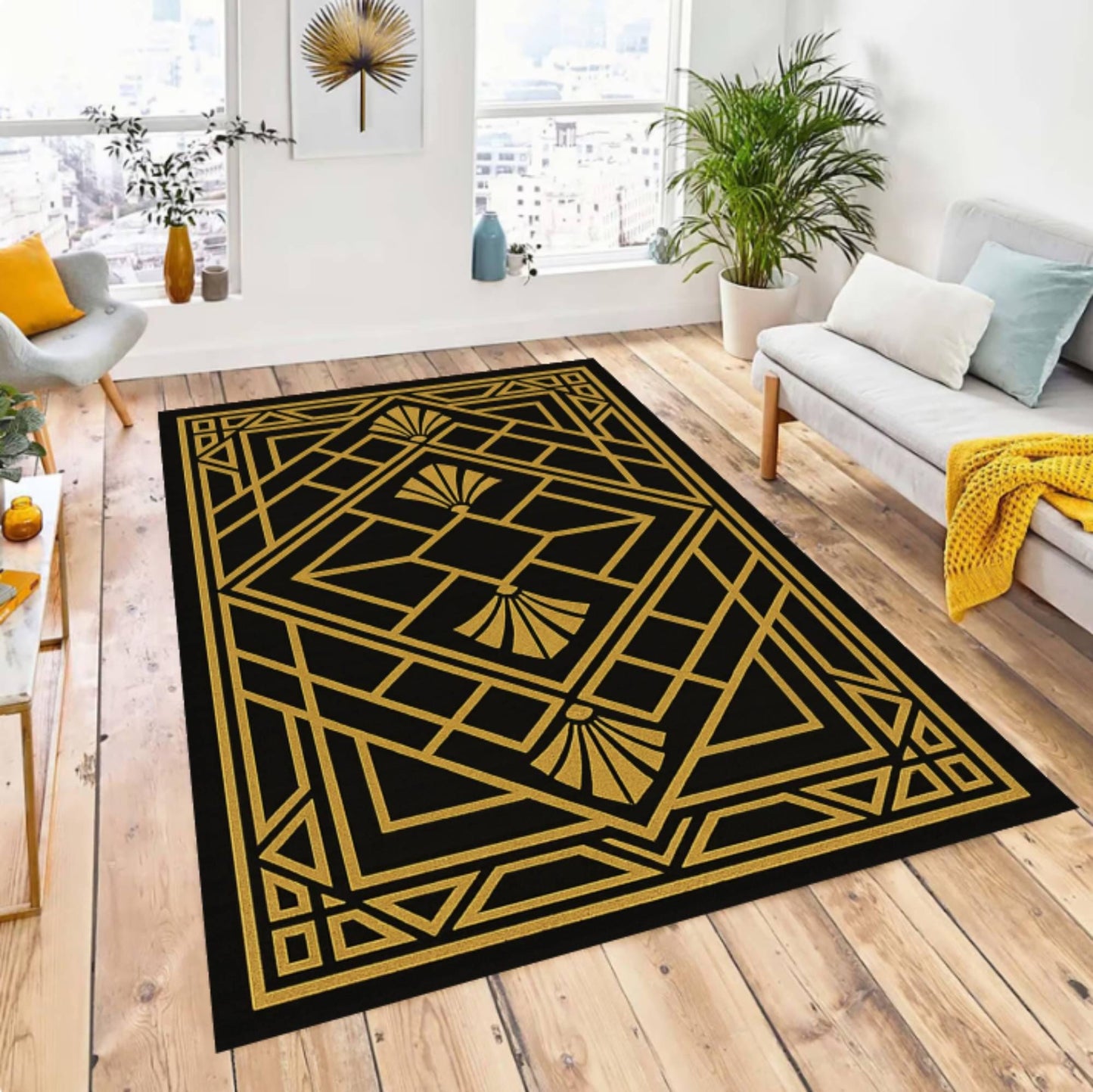 Art Deco Black & Gold Geometric Rug - Modern Glam Living Room Rug
