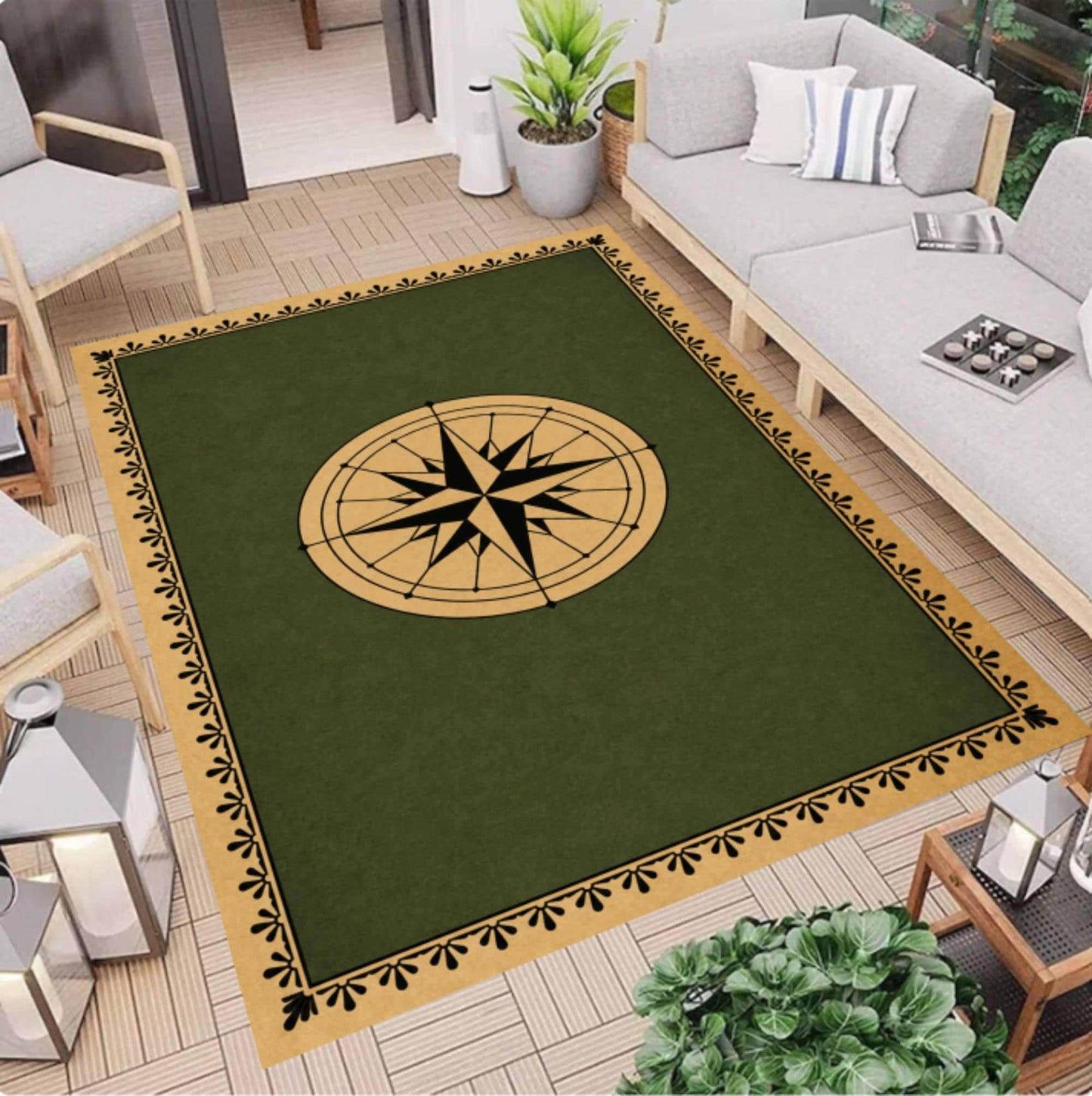 Minimalist Nautical Compass Rug - Washable Non-Slip Living Room Area Rug