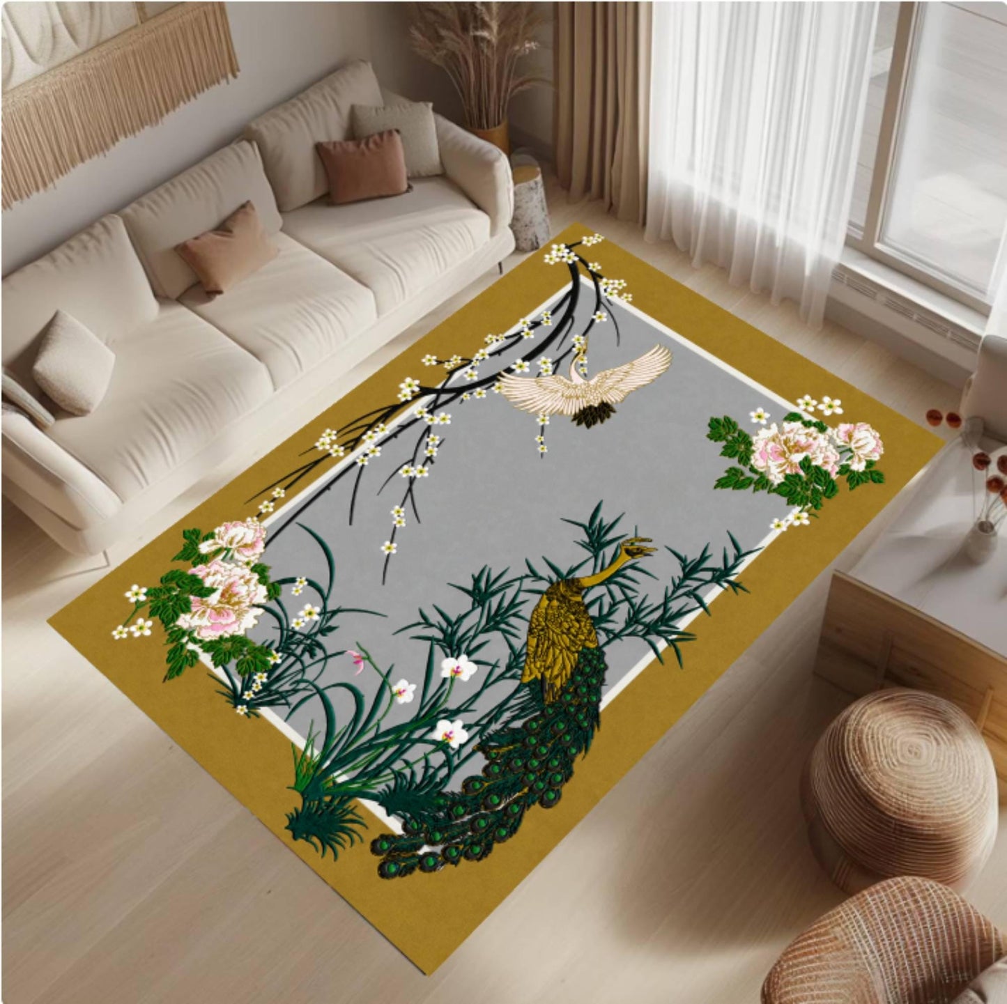Vintage Peacock Chinoiserie Floral Rug - Japanese Oriental