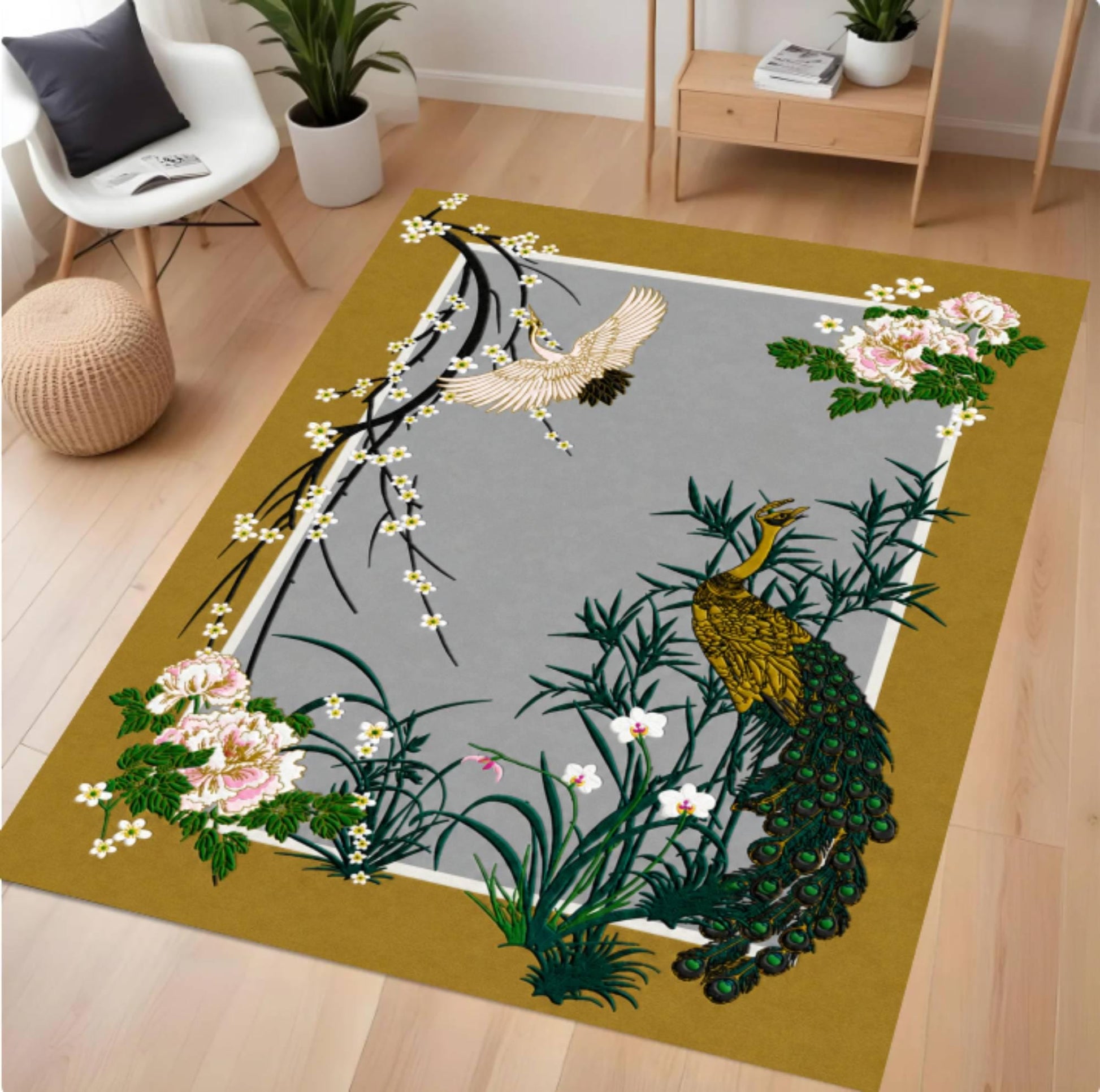 Vintage Peacock Chinoiserie Floral Rug - Japanese Oriental