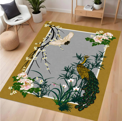 Vintage Peacock Chinoiserie Floral Rug - Japanese Oriental