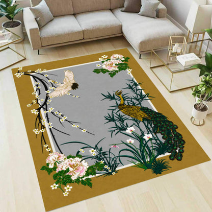 Vintage Peacock Chinoiserie Floral Rug - Japanese Oriental